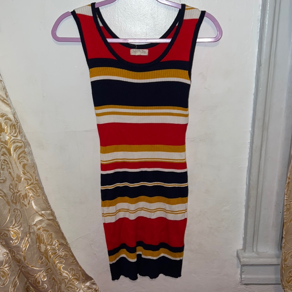 Navy blue/red/orange/white striped dress